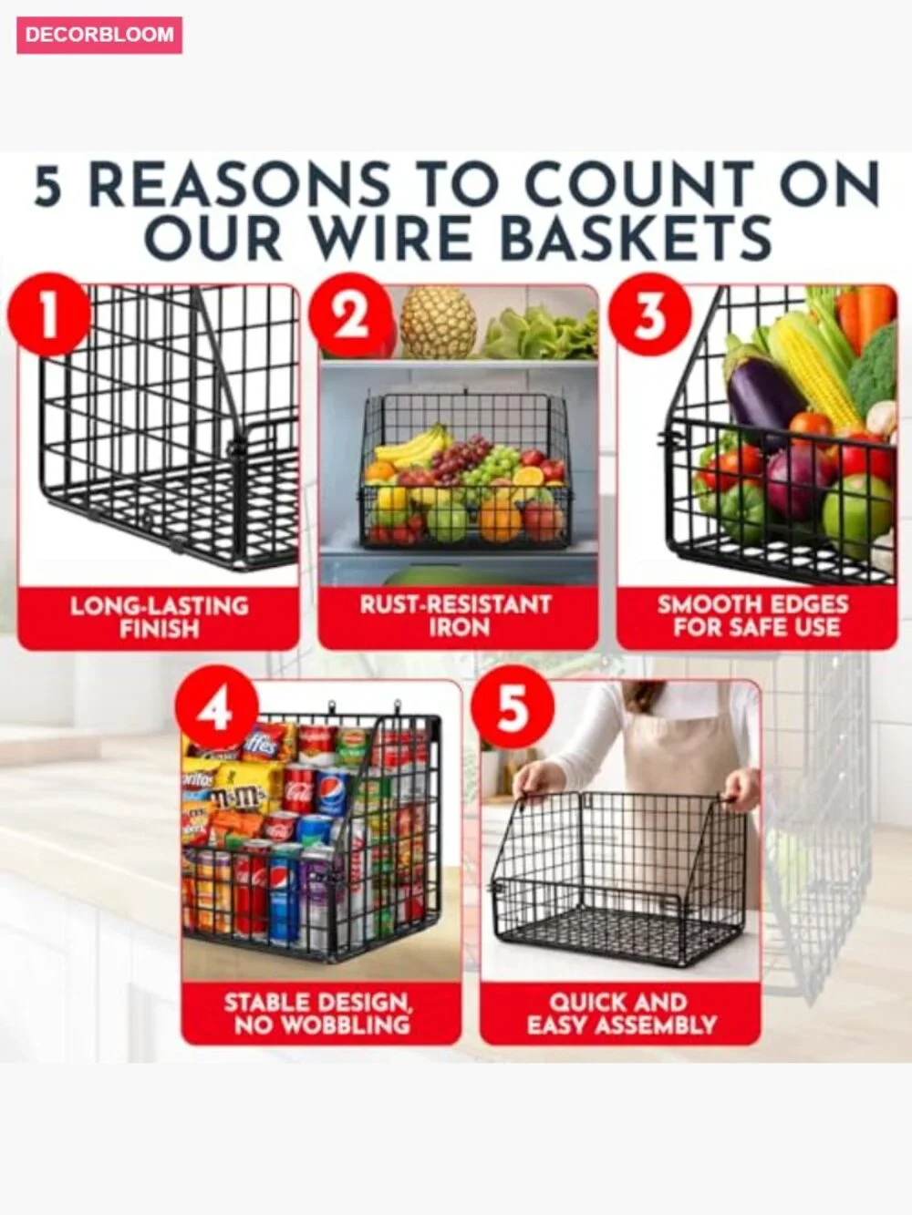 3-Tier Wall Hanging Fruit Basket Heavy Duty Wire Storage Organizer Kitchen
